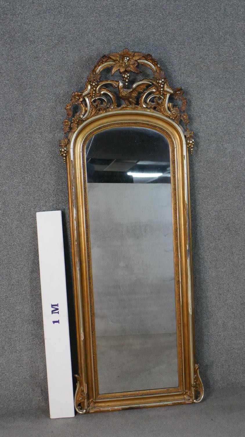 A large early 20th century carved giltwood arched wall mirror. The top with a pierced grape, bird - Image 2 of 8