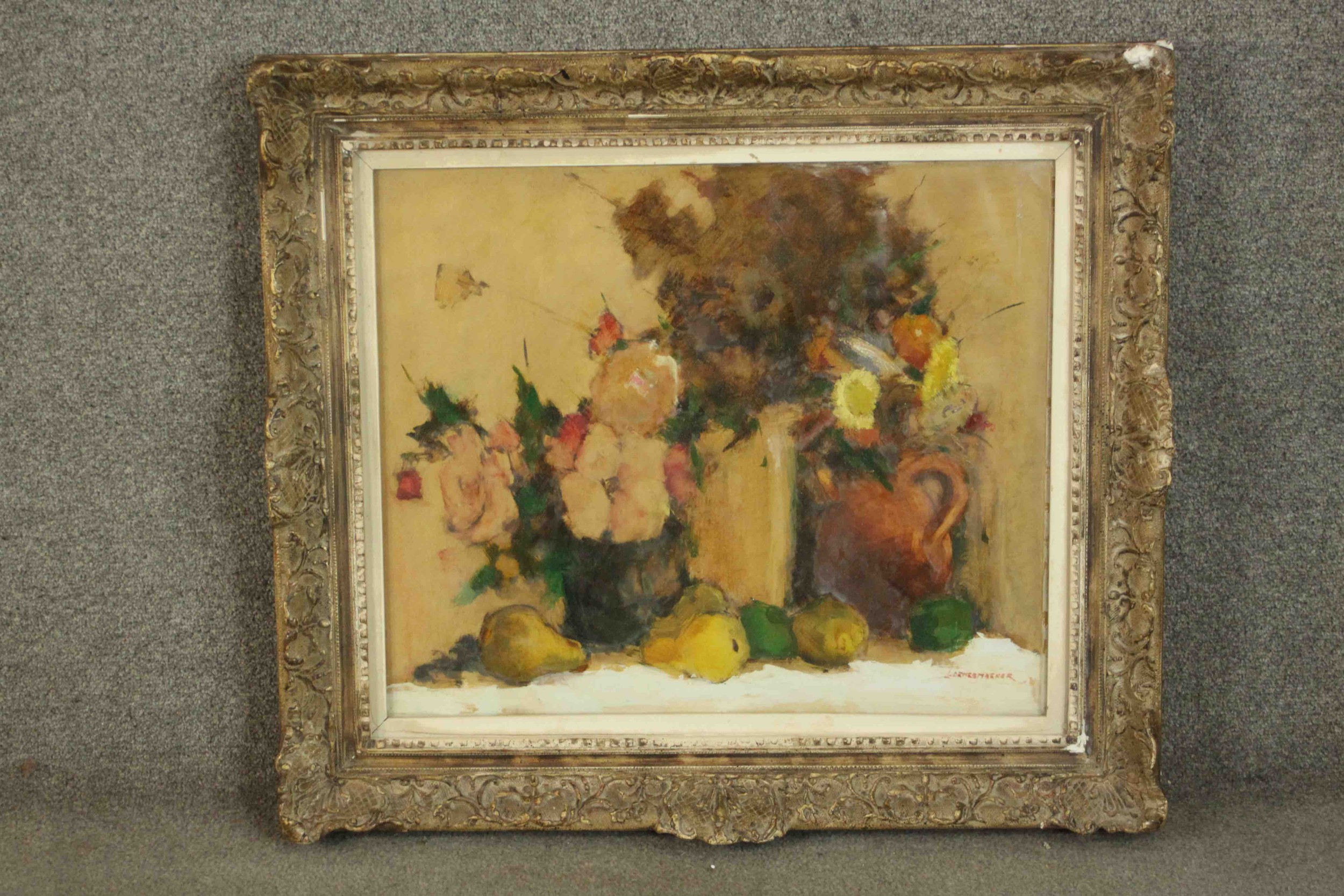 After Louis Demesmaeker (1906-1989), still life of fruit and flowers, oil on canvas, signed lower - Image 2 of 7