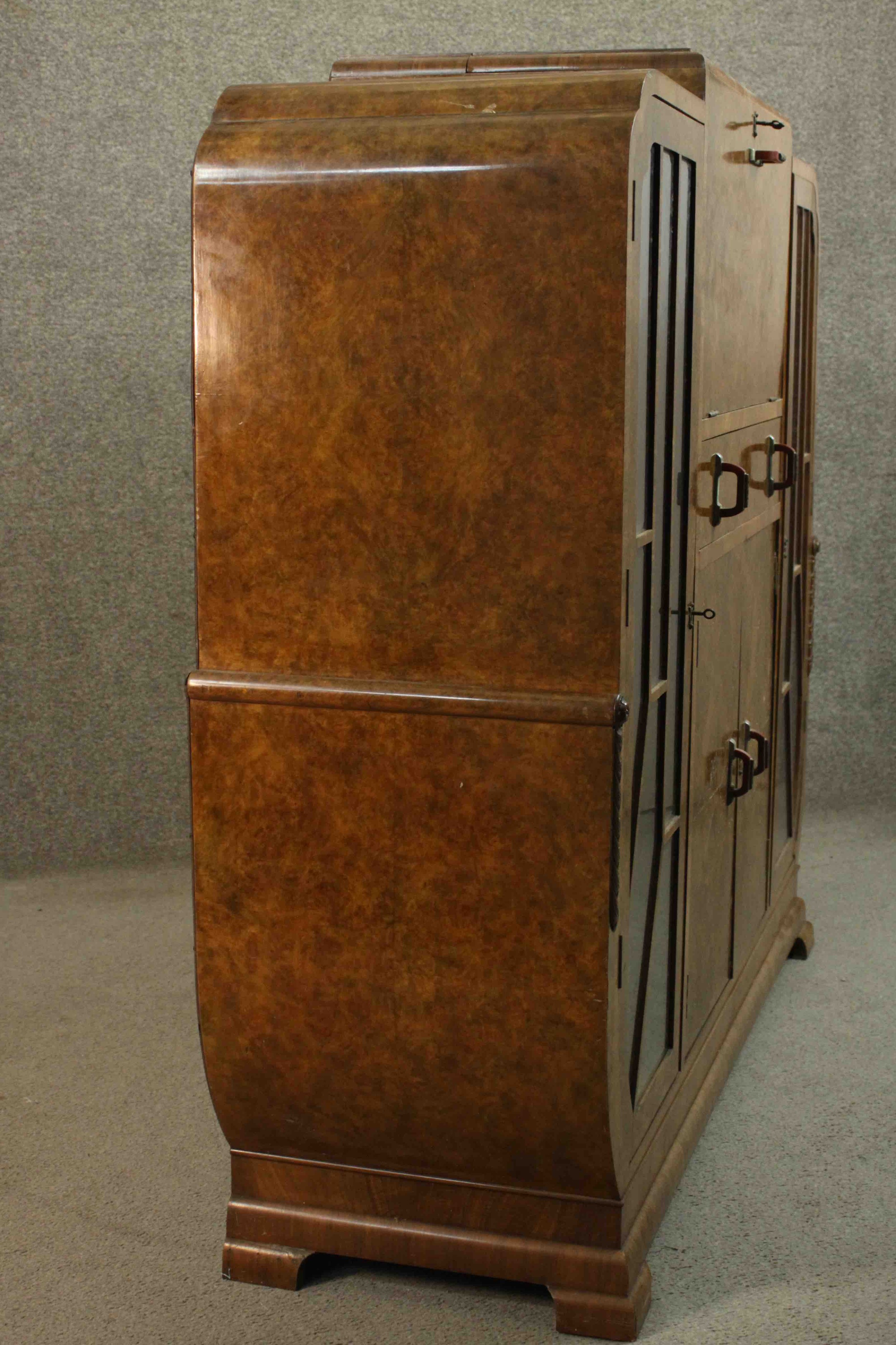 An Art Deco burr walnut cocktail cabinet with fitted and mirrored central mixing section flanked - Image 14 of 17