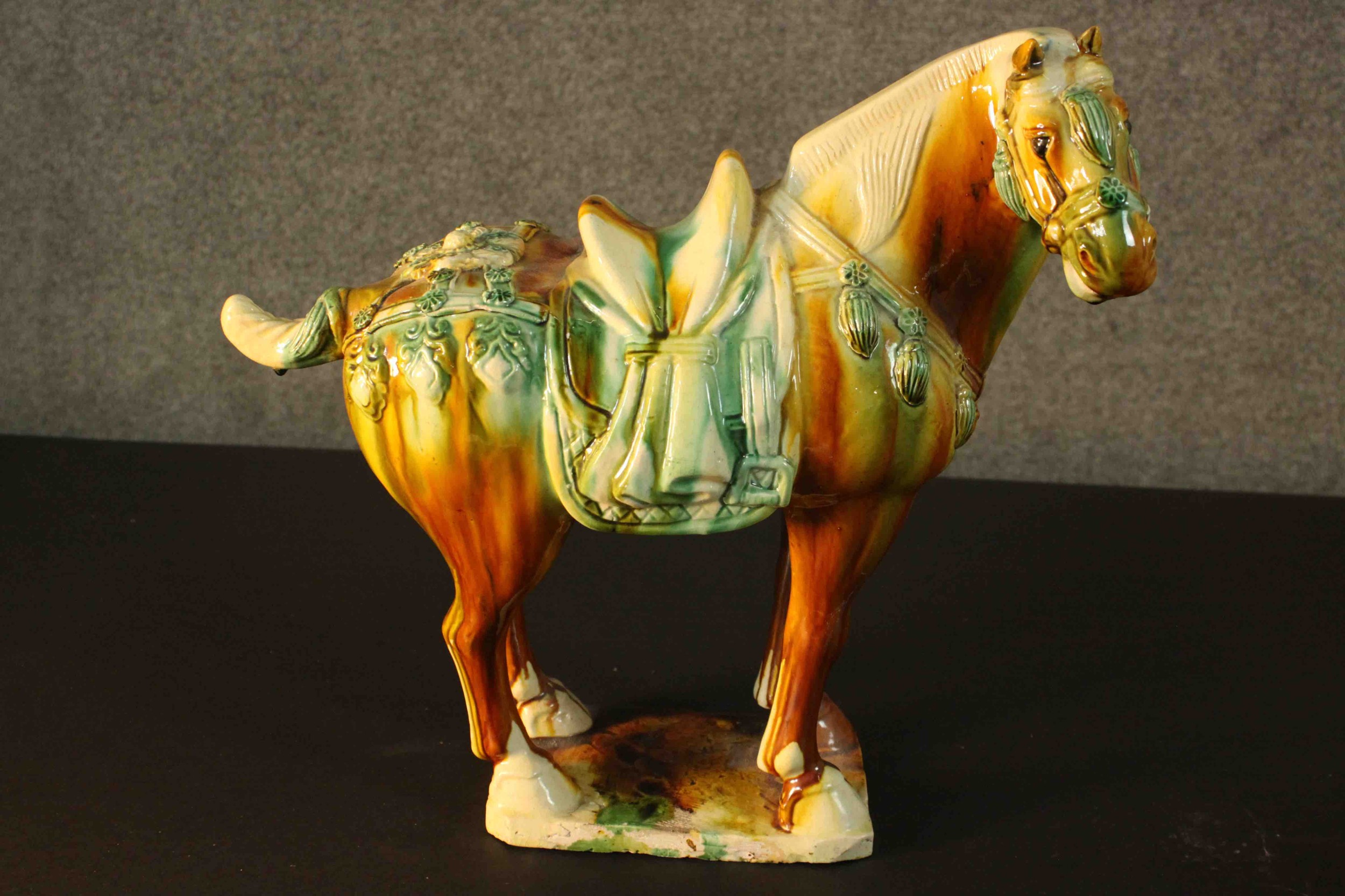 Two Tang dynasty style ceramic horses with applied green and ochre glazes. H.40 W.43 D.18cm. ( - Image 5 of 13