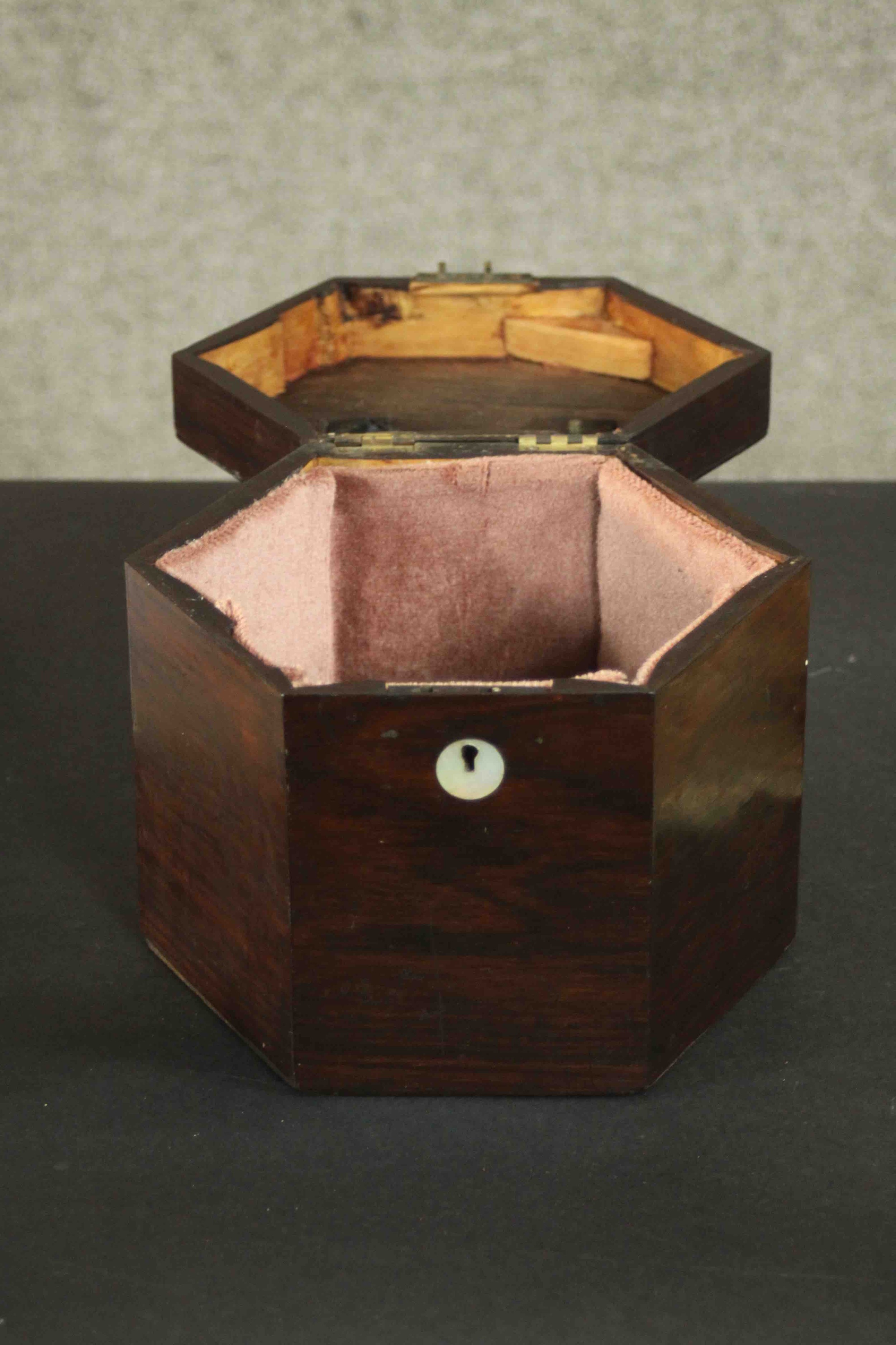 A Georgian mahogany hexagonal box containing cello parts and accessories. H.17 W.18 D.18cm - Image 9 of 9