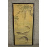 A framed and glazed 19th century Japanese scroll painting of koi carp swimming under a wisteria