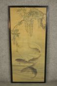 A framed and glazed 19th century Japanese scroll painting of koi carp swimming under a wisteria