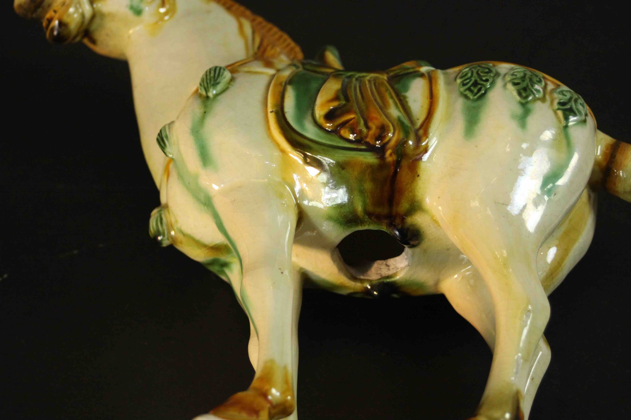 Two Tang dynasty style ceramic horses with applied green and ochre glazes. H.40 W.43 D.18cm. ( - Image 12 of 13