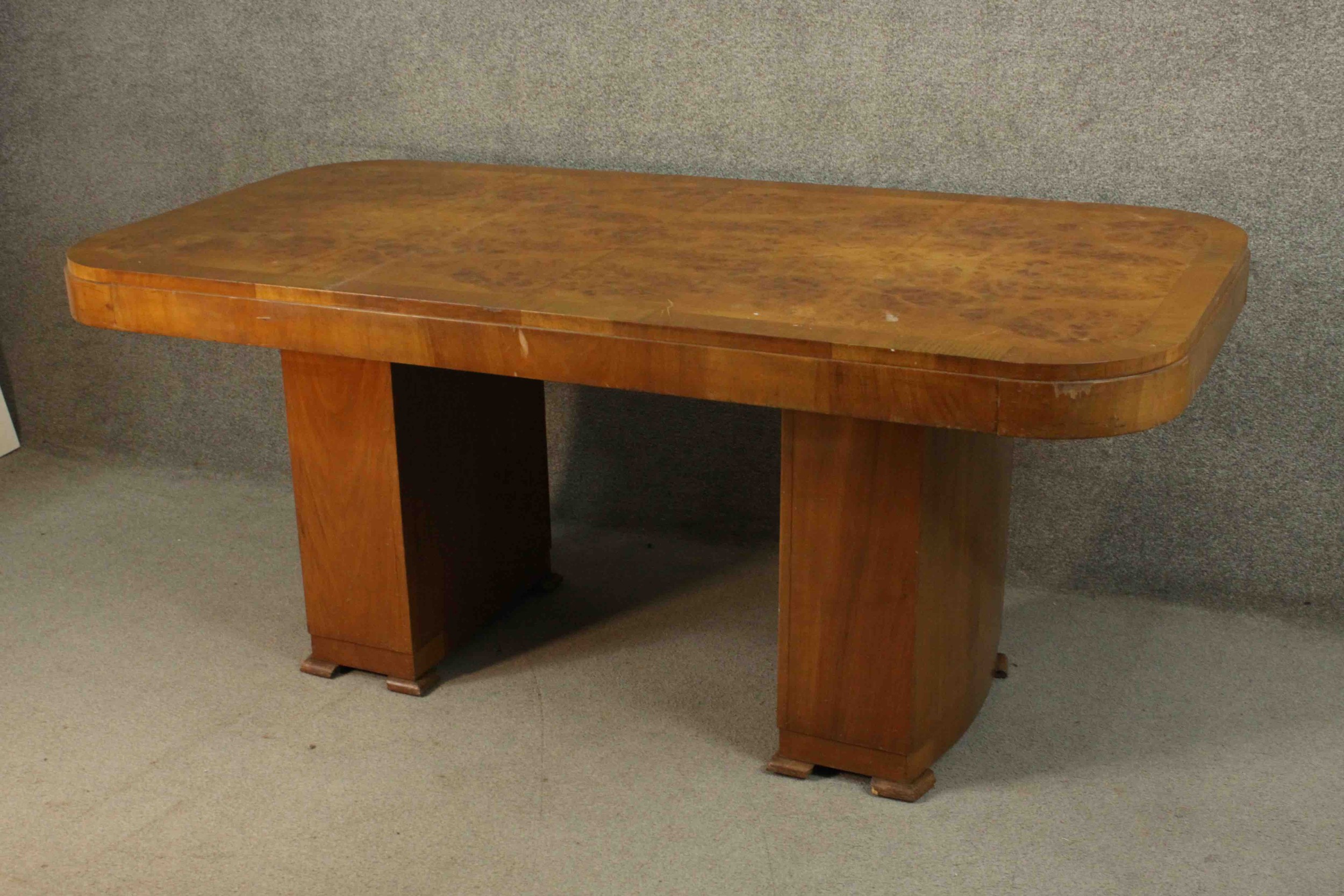 An Art Deco burr walnut and crossbanded dining table with rounded rectangular top on twin pillar - Image 3 of 9
