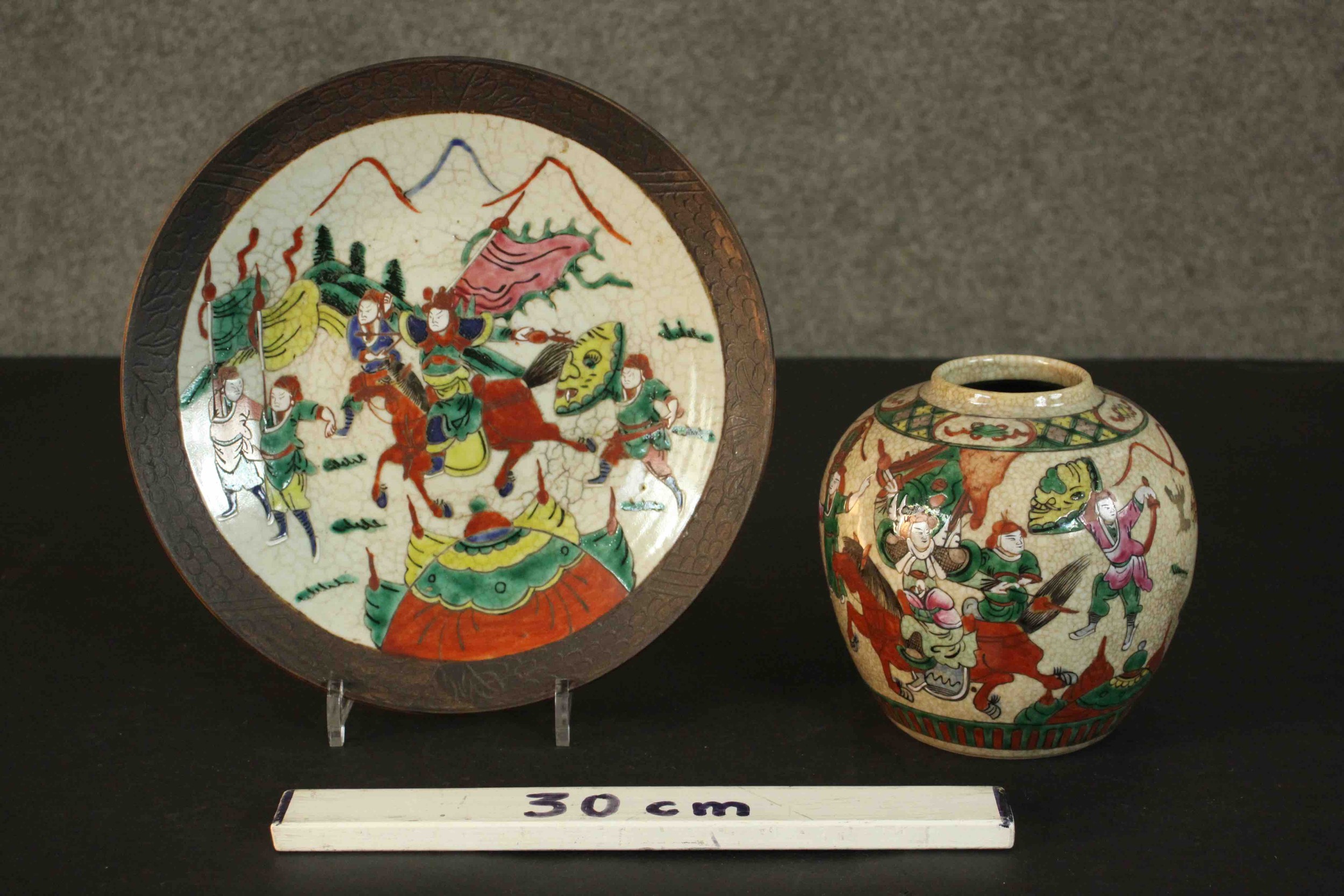 A 20th century Chinese hand painted crackle glaze ceramic ginger jar and plate. Each painted with - Image 2 of 10