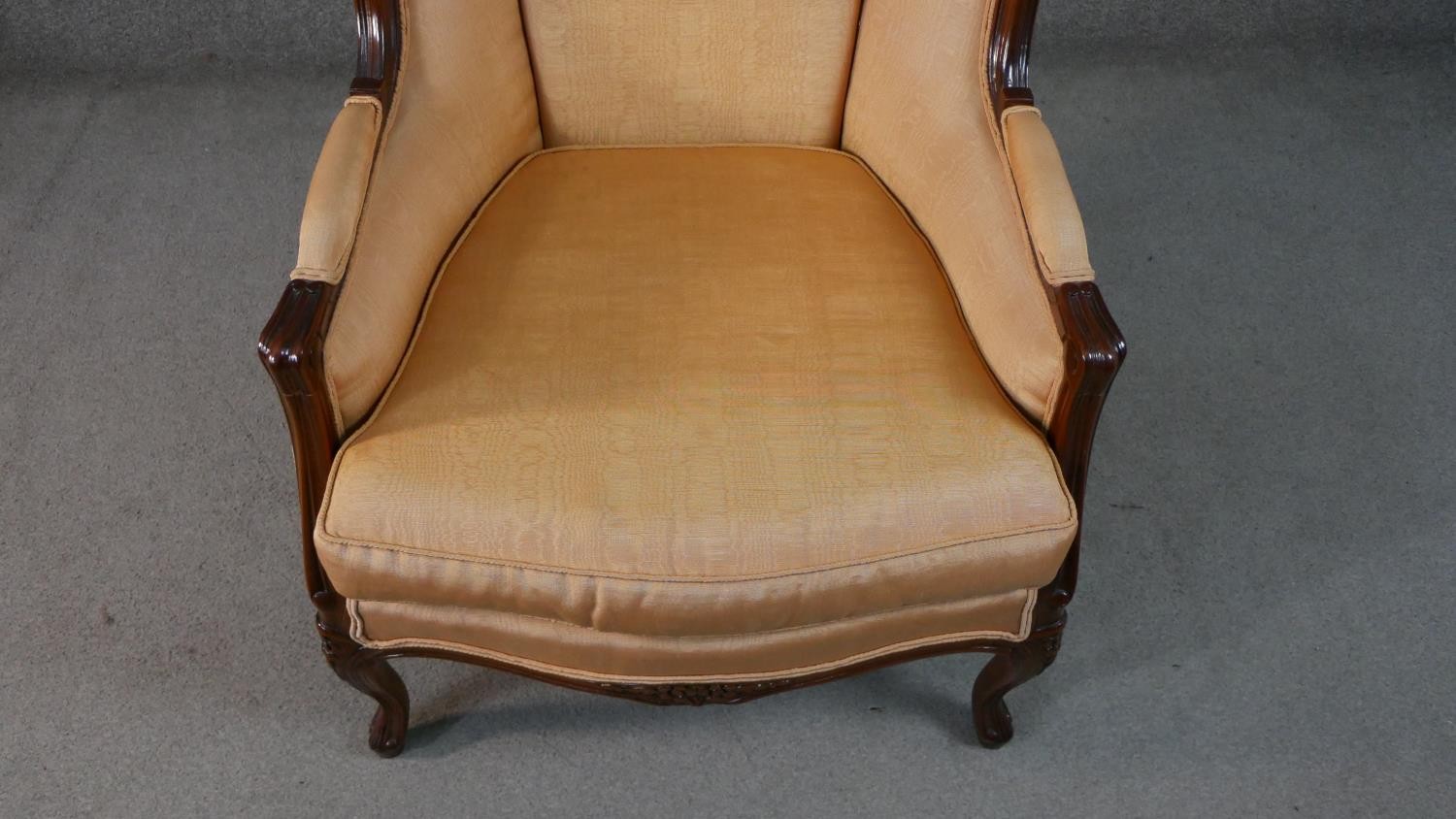 A late 20th century French show wood armchair, with a carved frame, upholstered in salmon colured - Image 4 of 6