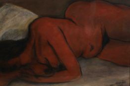 Milmel van Marcke, 20th century, resting nude, pastel, signed lower right.. H.68 W.86cm.