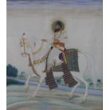 A framed and glazed early 20th century Indo-Persian watercolour of Ramdev Pir on horseback, with