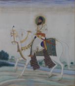 A framed and glazed early 20th century Indo-Persian watercolour of Ramdev Pir on horseback, with