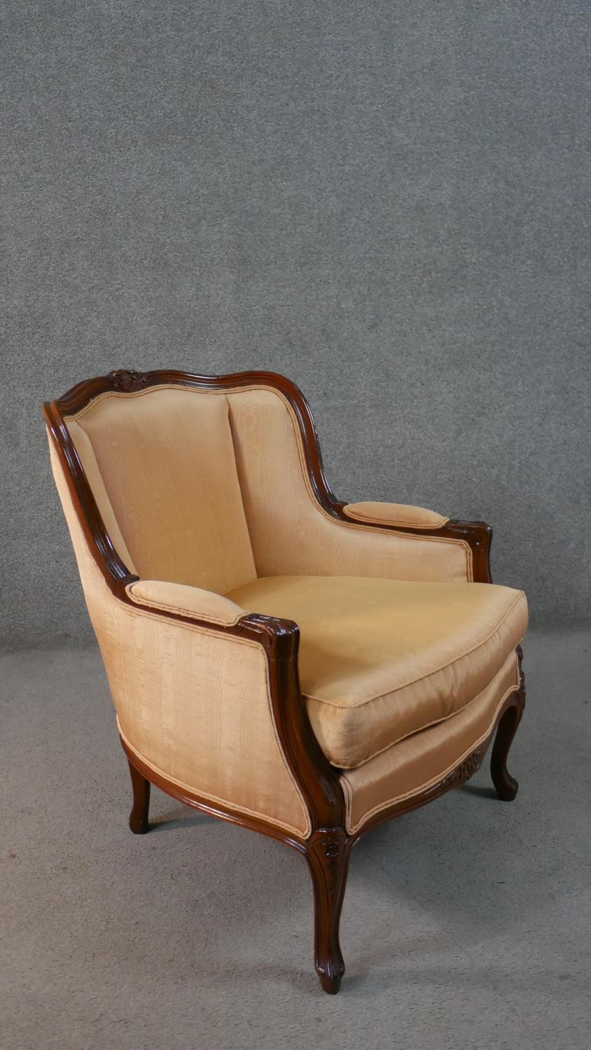 A late 20th century French show wood armchair, with a carved frame, upholstered in salmon colured - Image 2 of 6