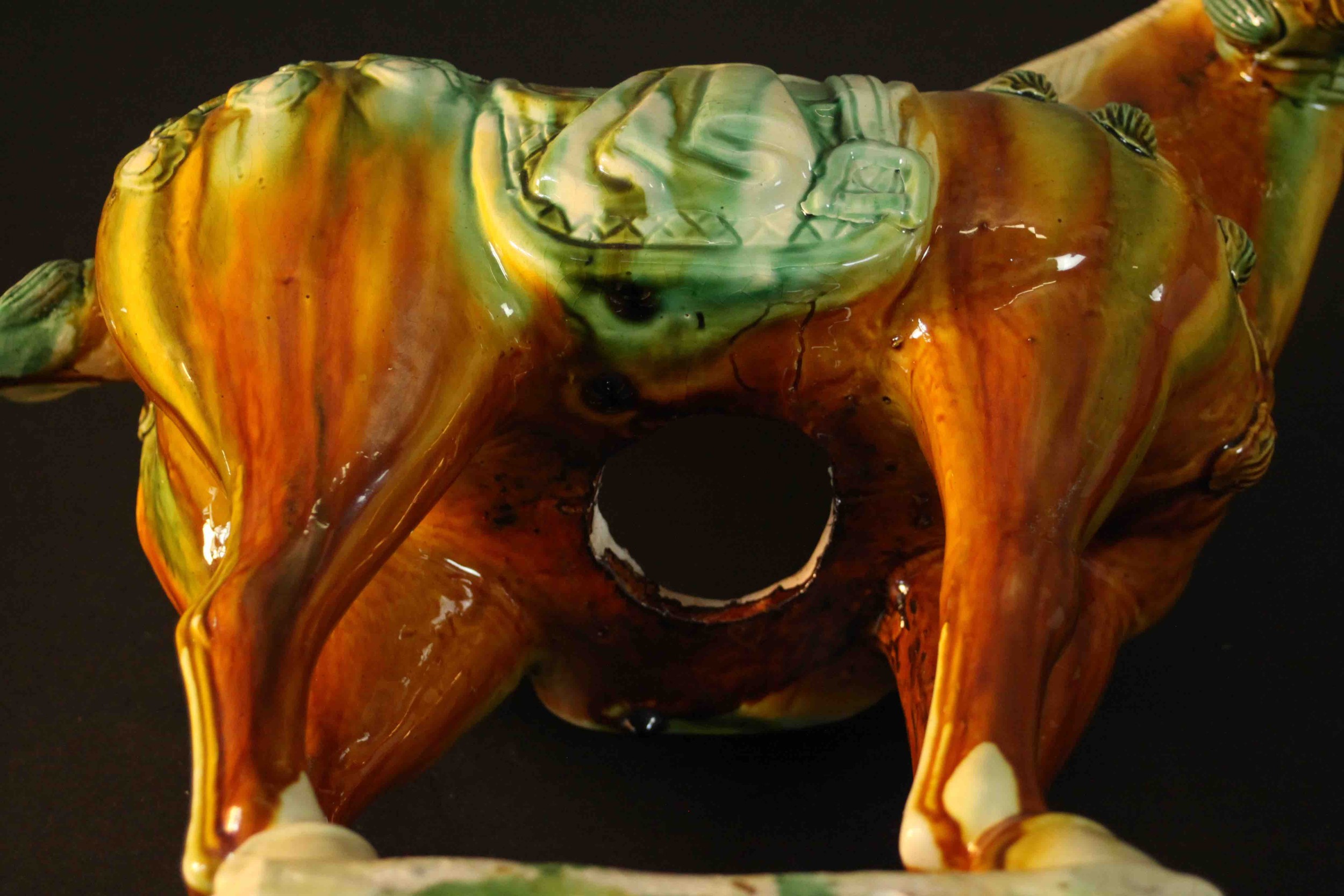 Two Tang dynasty style ceramic horses with applied green and ochre glazes. H.40 W.43 D.18cm. ( - Image 11 of 13