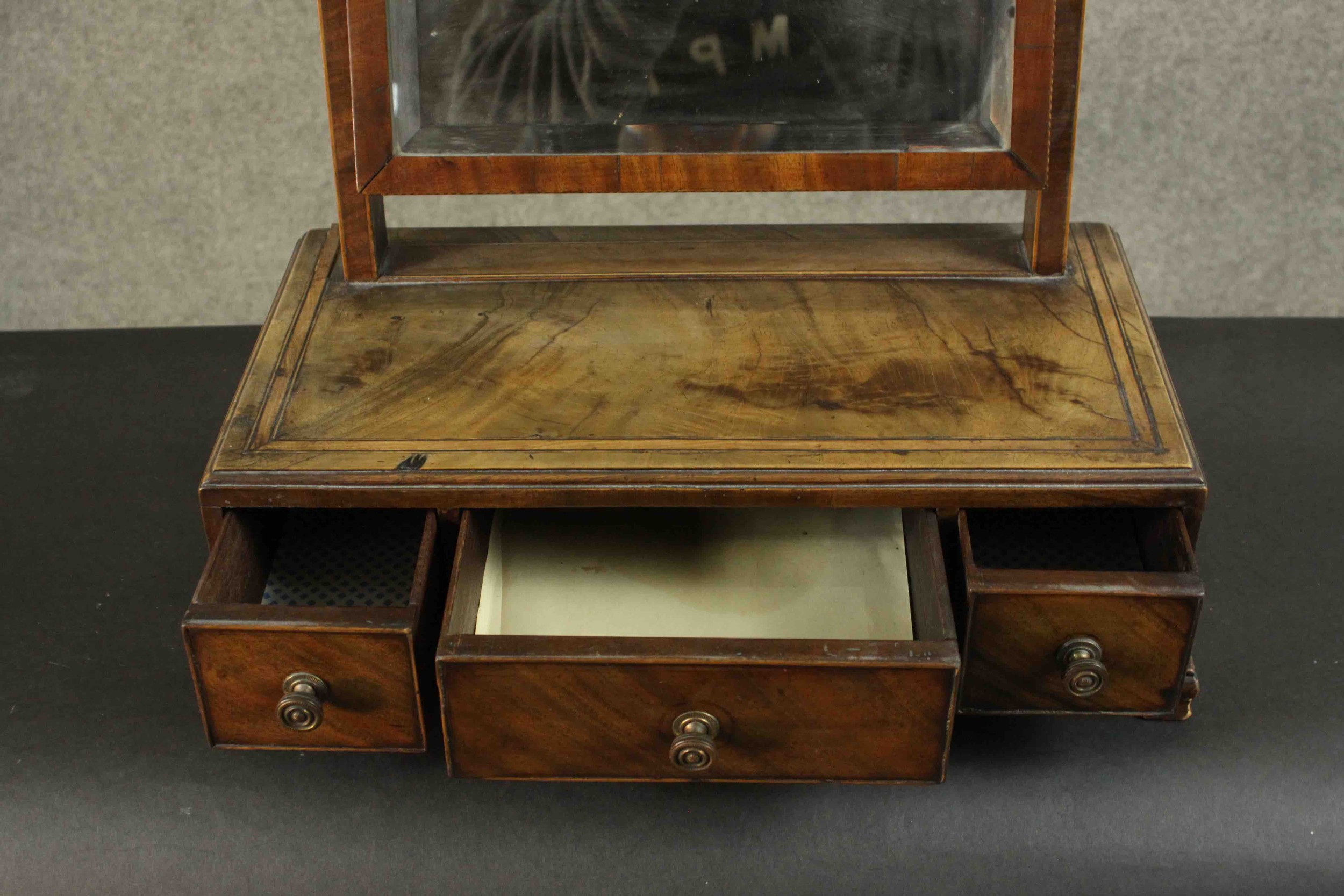 A 19th century mahogany dressing table mirror with bevelled swing plate above base fitted with - Image 7 of 7