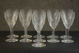 A set of eleven hand cut Baccarat crystal Harcourt large wine glasses, maker's stamp to the base.