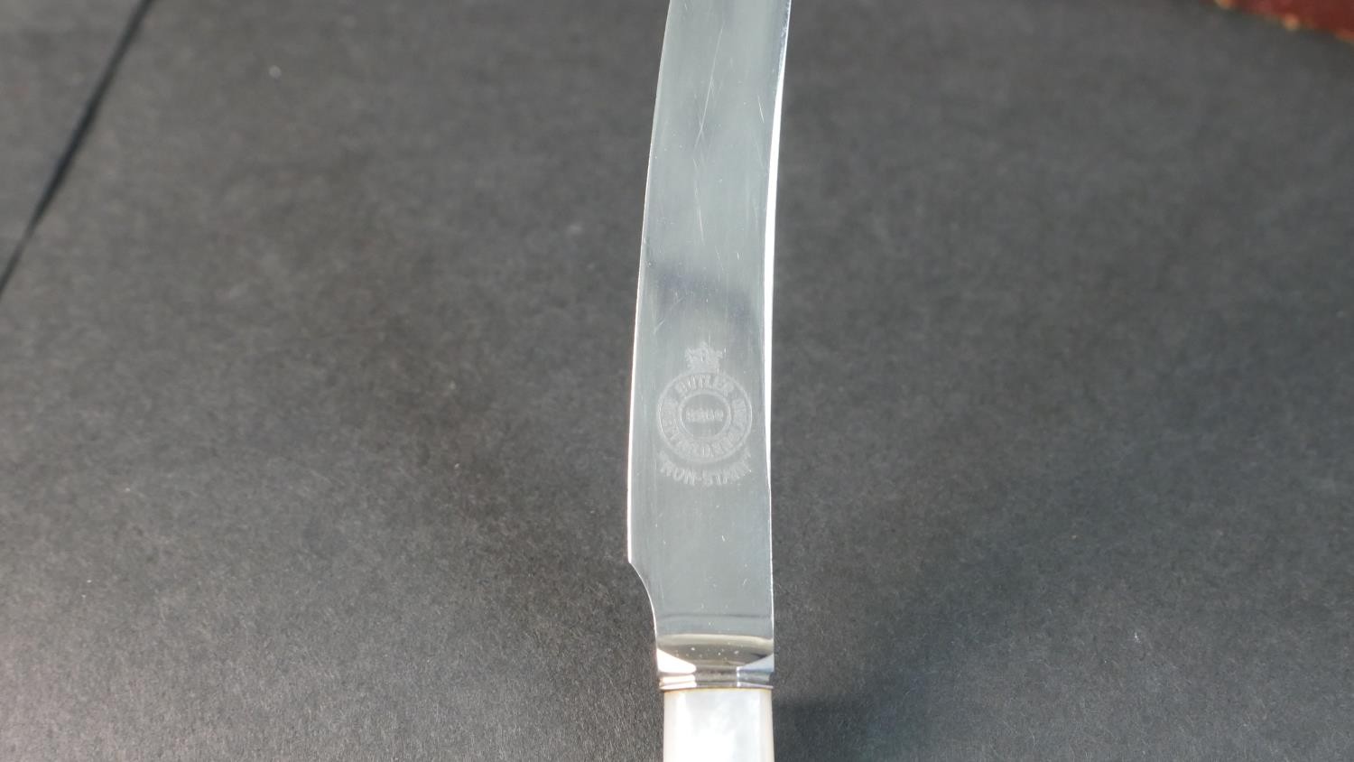 A canteen of fish knives for four people with engraved silver plated blades along with a box of - Image 4 of 9