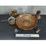 A collection of copper and brass, including a heavy Arts and Crafts scalloped edge brass bowl with