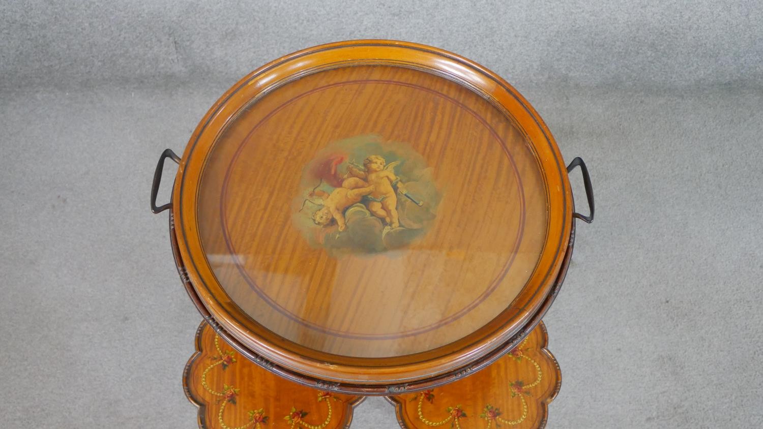 An unusual C.1900 Sheraton style satinwood supper table or etagere, the circular top painted with - Image 3 of 8