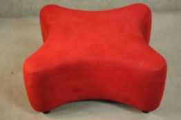 A contemporary OXO stool, of X form upholstered in red fabric on ebonised beech cylindrical feet.