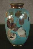 A Meji period Japanese cloisonne enamel baluster vase decorated with a pair of quail under a