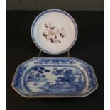 A 19th century Chinese blue and white hand painted octagonal platter, decorated with a river