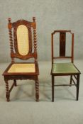 A reproduction Carolean style dining chair, with a caned back and seat, together with an Edwardian