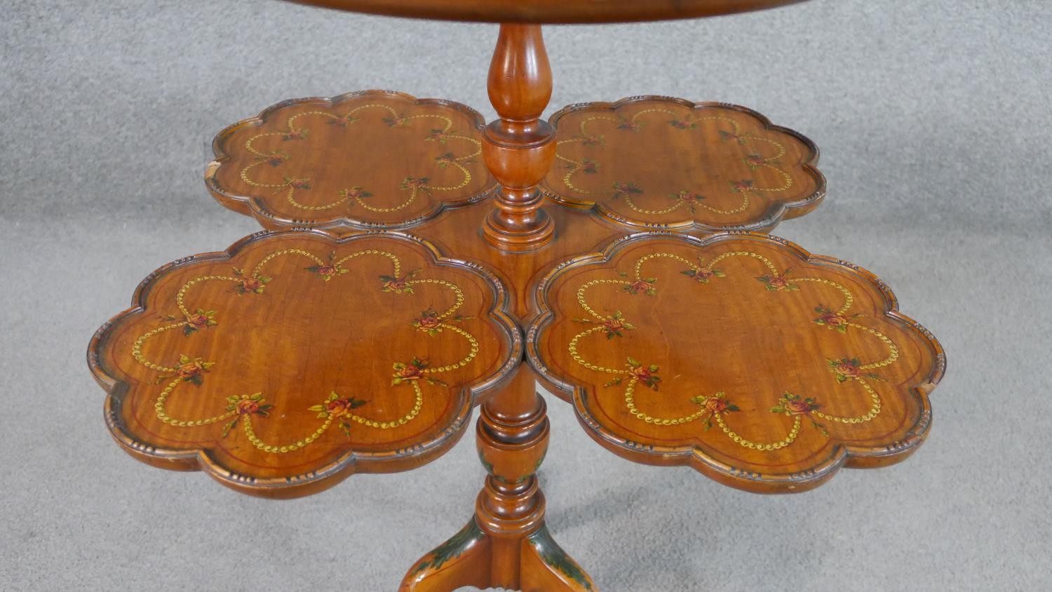 An unusual C.1900 Sheraton style satinwood supper table or etagere, the circular top painted with - Image 5 of 8