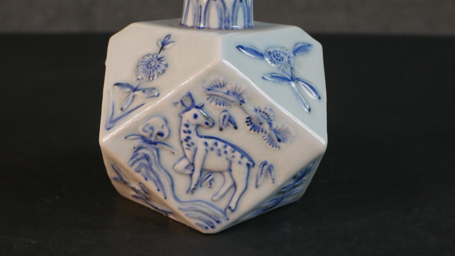 A 20th century Chinese blue and white porcelain octahedral form vase, painted with deers and - Image 2 of 7