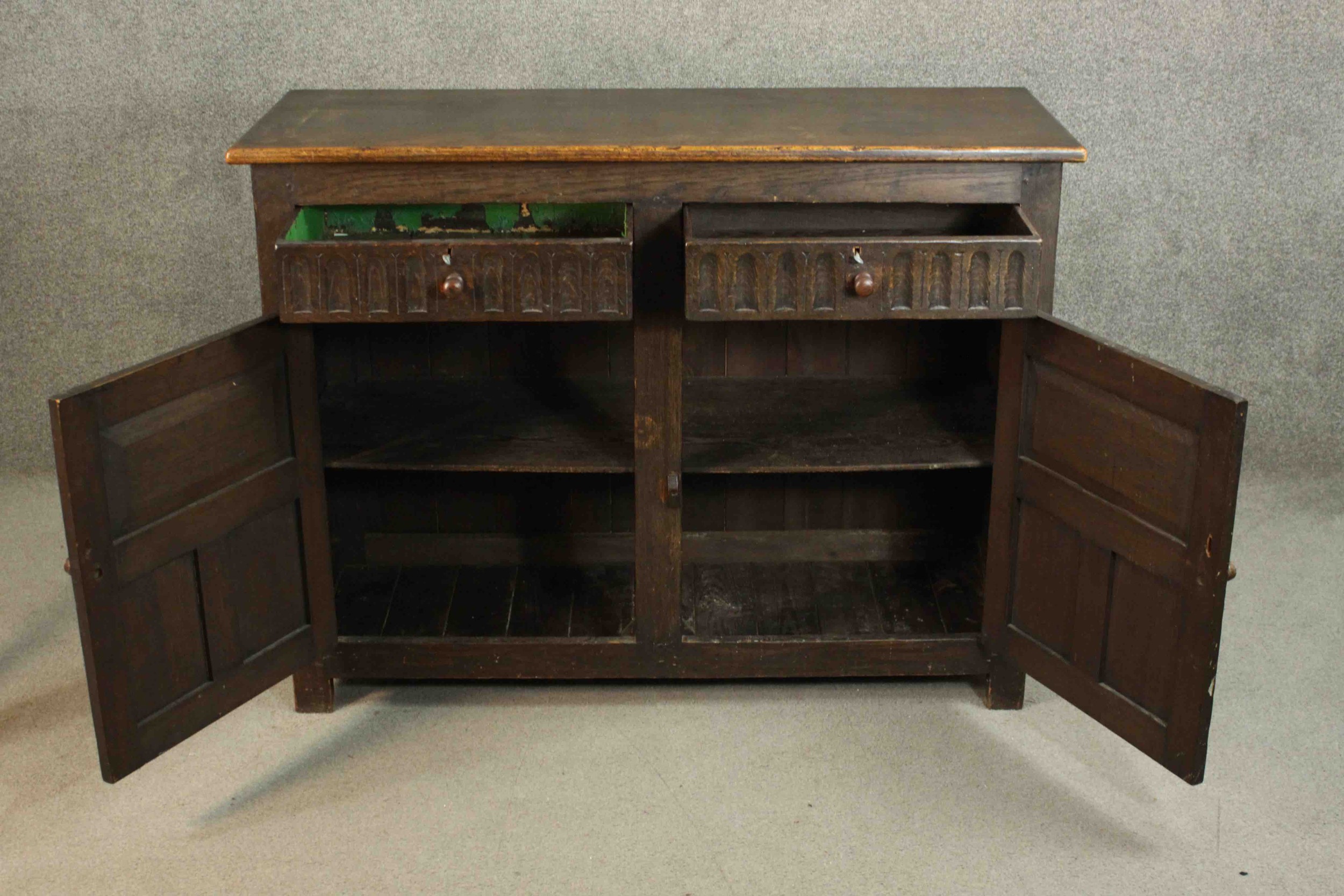 A country antique oak style sideboard fitted with carved drawers and drawers on block supports. H.91 - Image 5 of 11