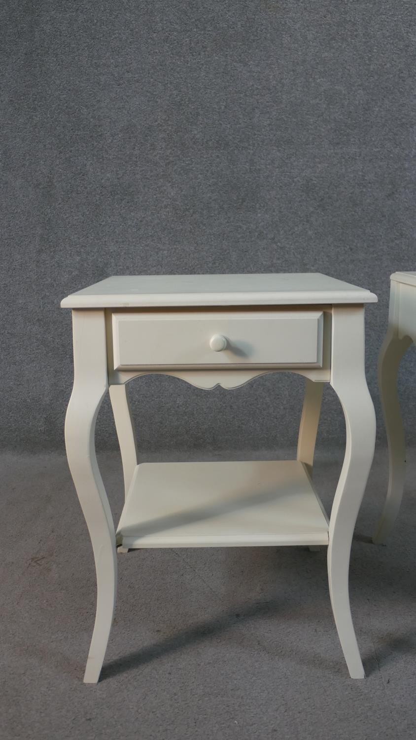 A pair of French style painted bedside tables, with a square top over a single drawer on cabriole - Image 3 of 9
