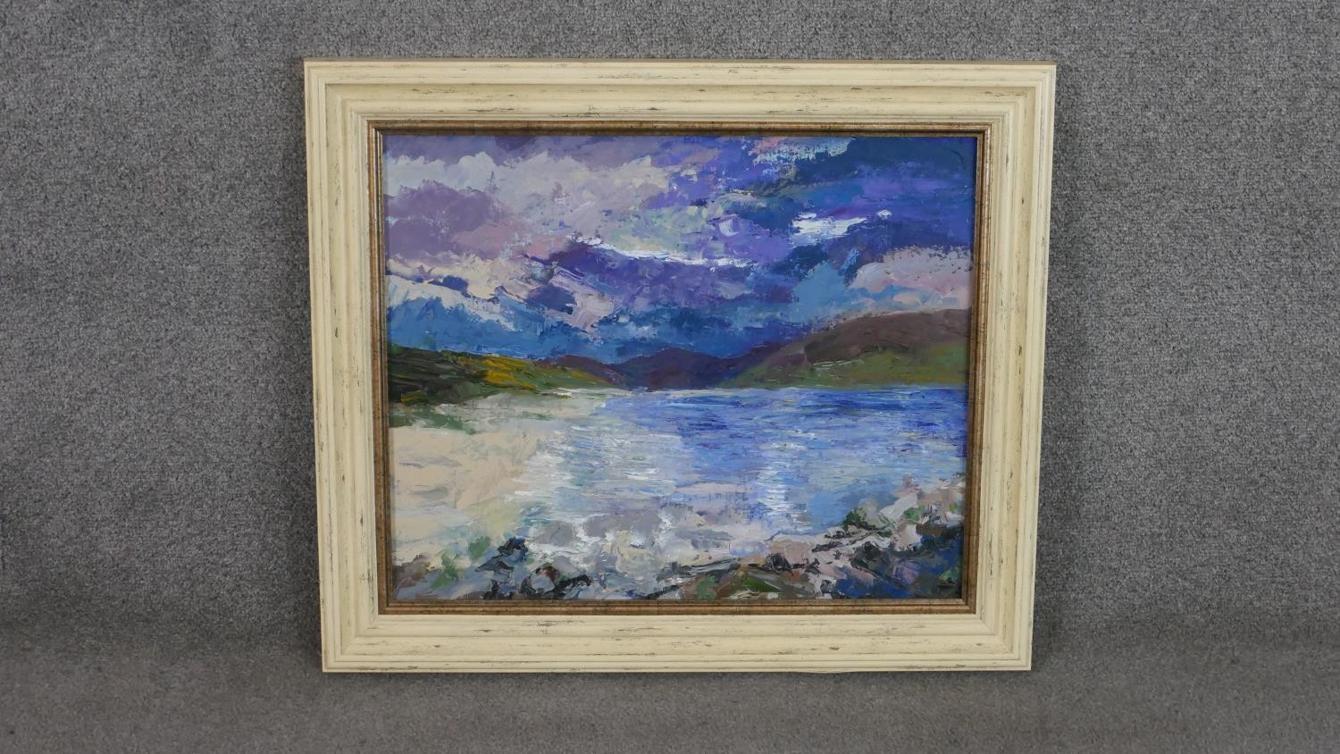 A framed oil on canvas of a mountain lake scene, unsigned. H.58 W.69cm - Image 2 of 4