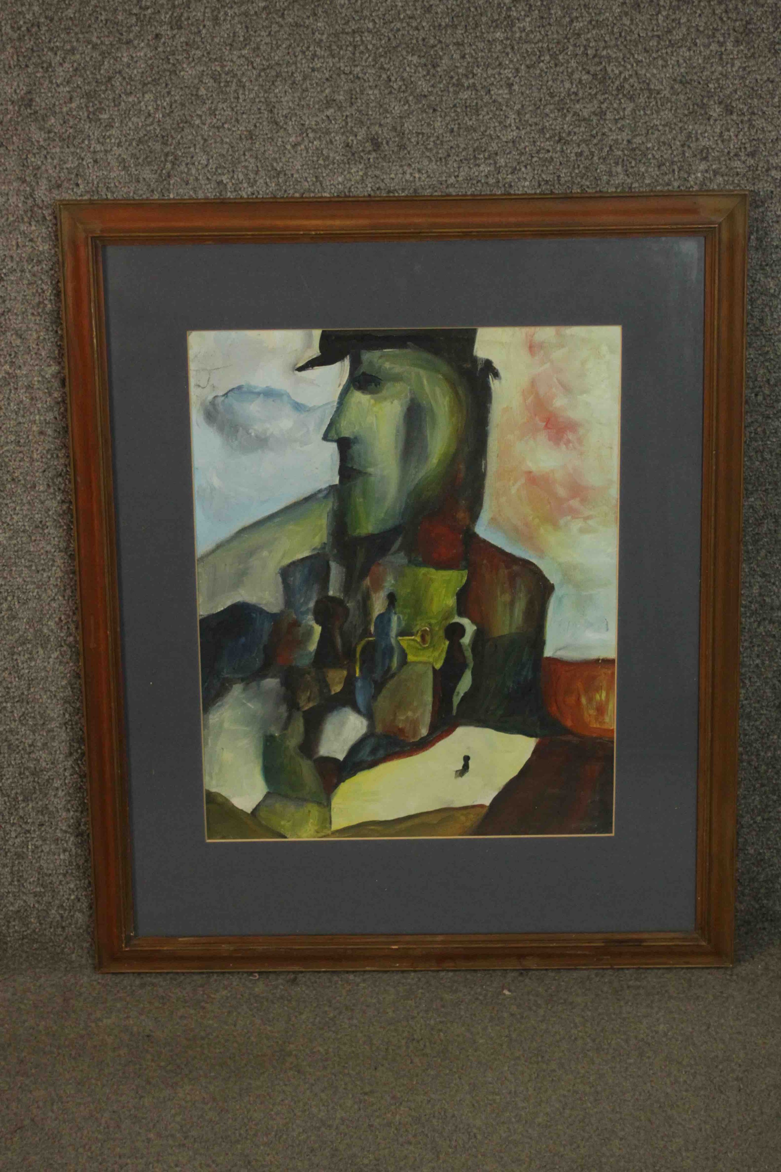 A framed and glazed surrealist figural oil on board, unsigned. H.67 W.55cm. - Image 2 of 7