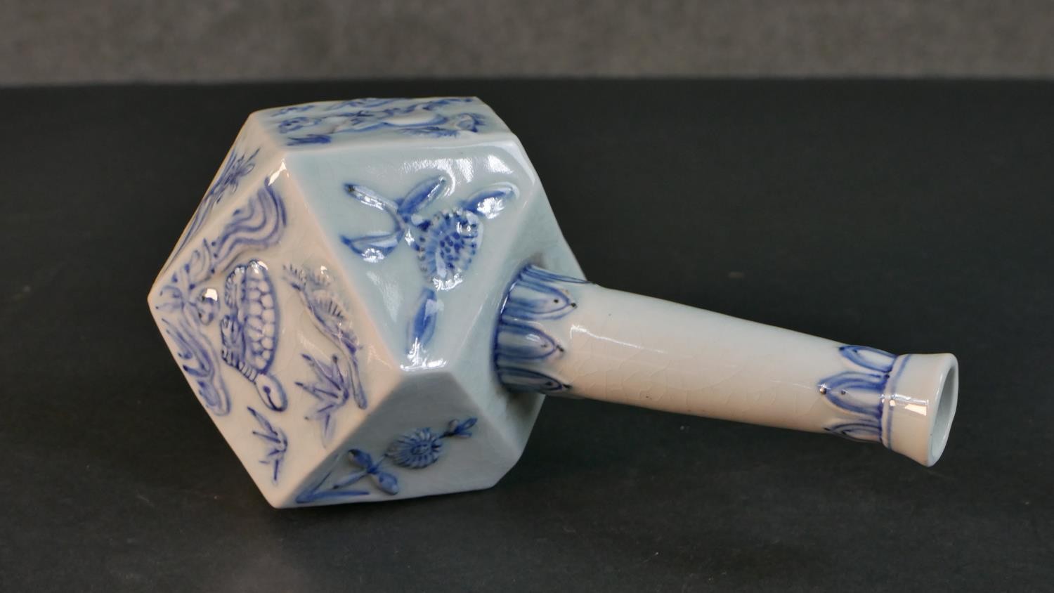 A 20th century Chinese blue and white porcelain octahedral form vase, painted with deers and - Image 6 of 7