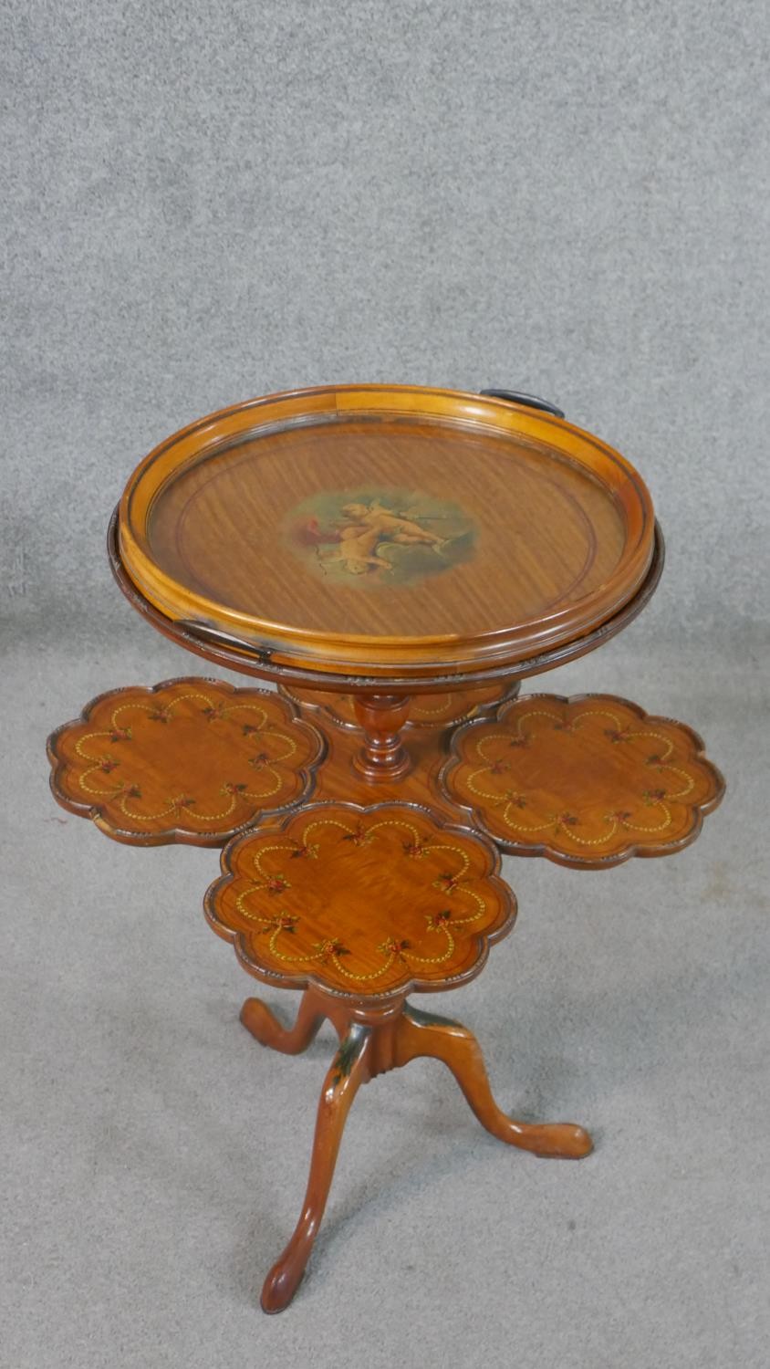 An unusual C.1900 Sheraton style satinwood supper table or etagere, the circular top painted with - Image 8 of 8