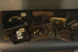 A collection of 19th and 20th century, lock boxes, locks, keys and door hardware. H.15 W.31 D.20cm.
