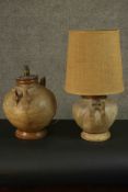 A pair of camel intestine twin handled table lamps with turned tops and bases. H.57 Dia.13cm.
