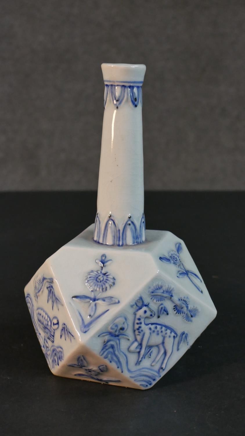 A 20th century Chinese blue and white porcelain octahedral form vase, painted with deers and - Image 3 of 7