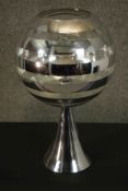 A vintage chrome table lamp with a glass globe lamp with silvered horizontal bands. H.50 Dia. 26cm.