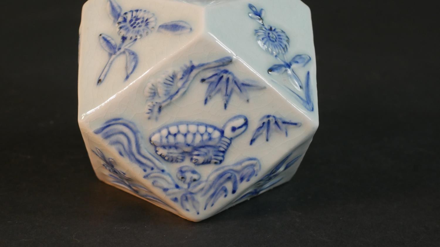 A 20th century Chinese blue and white porcelain octahedral form vase, painted with deers and - Image 4 of 7