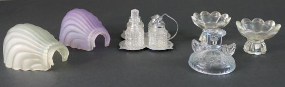 Two Art Deco frosted glass shell lamp shades along with four moulded glass candle holders and a