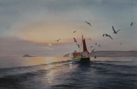 David Willis (b.1932), watercolour of fishing boat with birds, signed. H.59 W.67cm