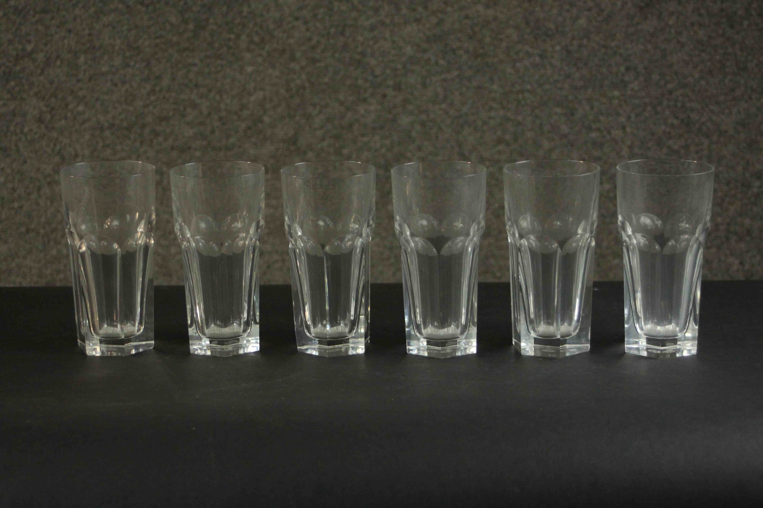 A set of six hand cut Baccarat crystal Harcourt high ball glasses, etched maker's stamp to the base.