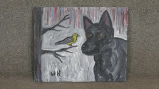 Wolf Howard, acrylic on canvas, 'Dog looking at Bird', monogrammed WH, signed and dated verso.H.45.5