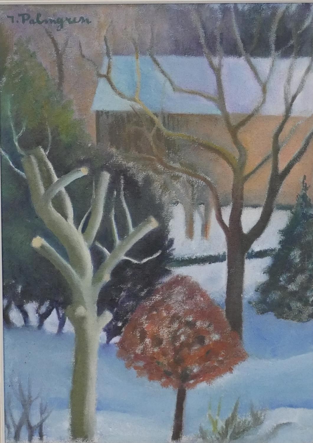 Inga Palmgren, oil on board, trees in the snow, signed. H.49 W.36cm.