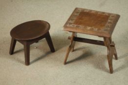 A small vintage carved teak stool along with another 19th century stool. H.28 W.26 D.26cm. (largest)