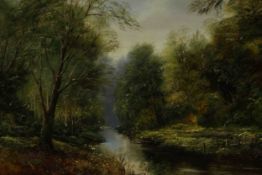 Peter Snell (b.1935), river through woodland, oil on canvas, signed and dated lower right. H.63 W.