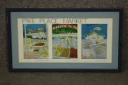 A framed and glazed limited edition triptych coloured lithograph of Pike Place Market, titled and