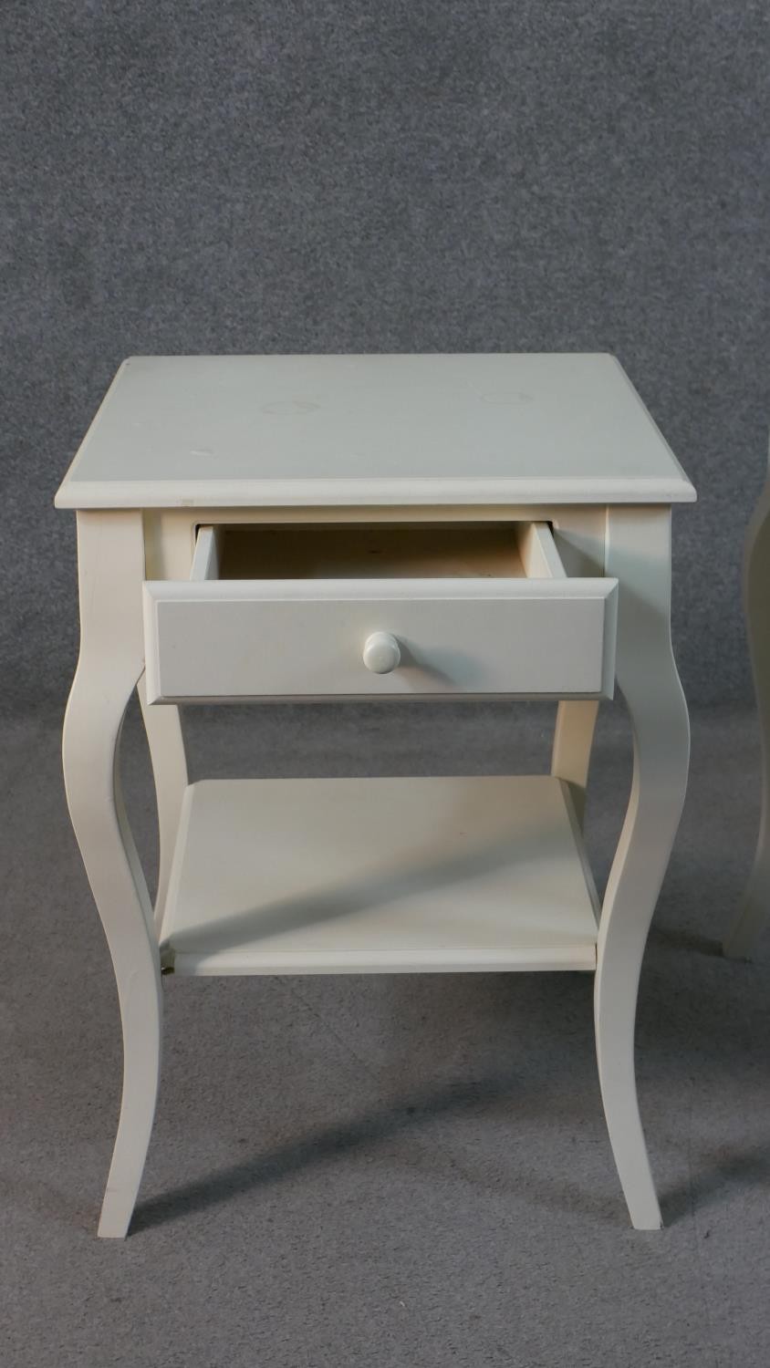 A pair of French style painted bedside tables, with a square top over a single drawer on cabriole - Image 4 of 9