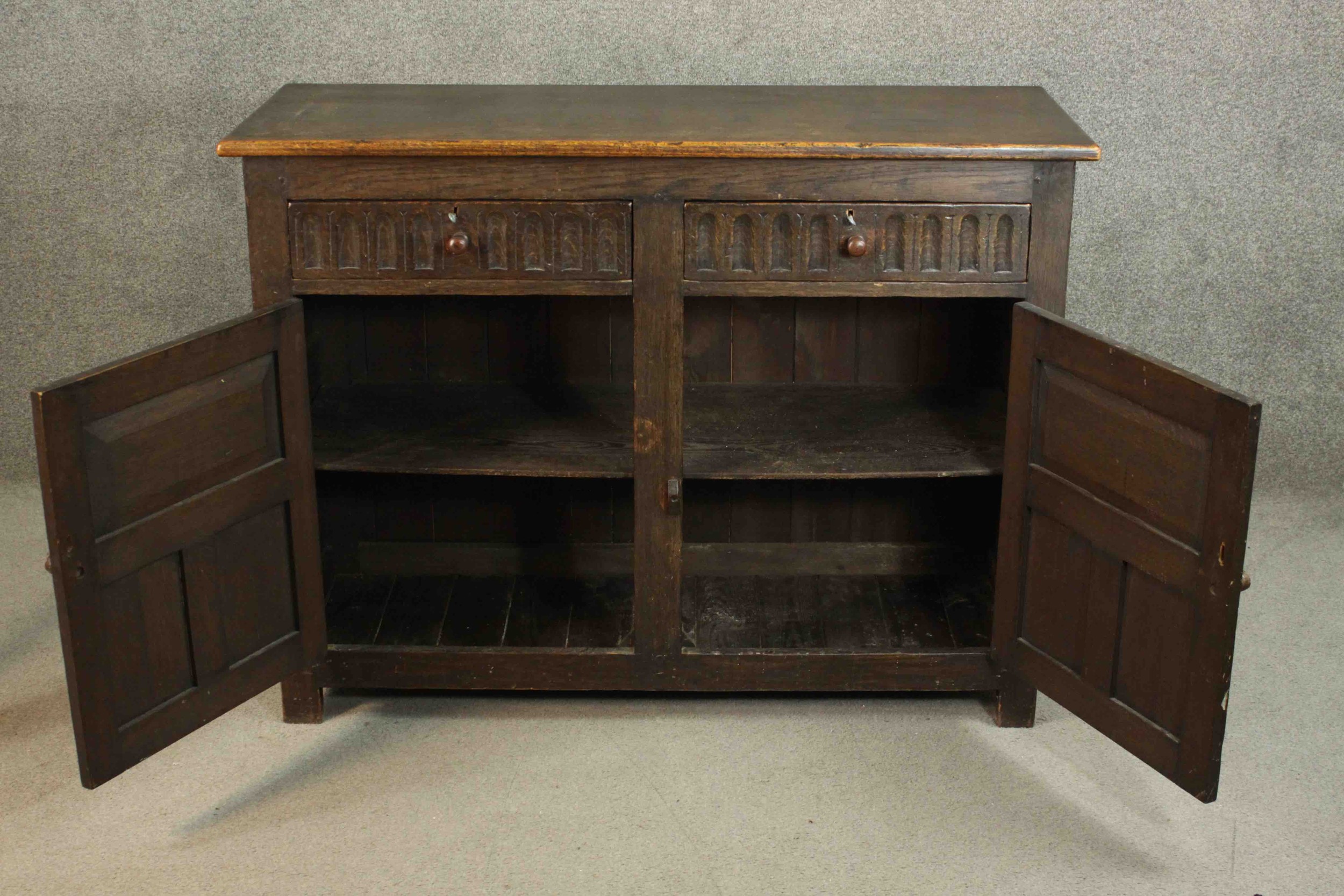 A country antique oak style sideboard fitted with carved drawers and drawers on block supports. H.91 - Image 4 of 11
