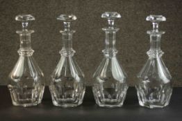 Four hand cut Baccarat crystal Harcourt decanters with stoppers, etched maker's mark to base. H.31