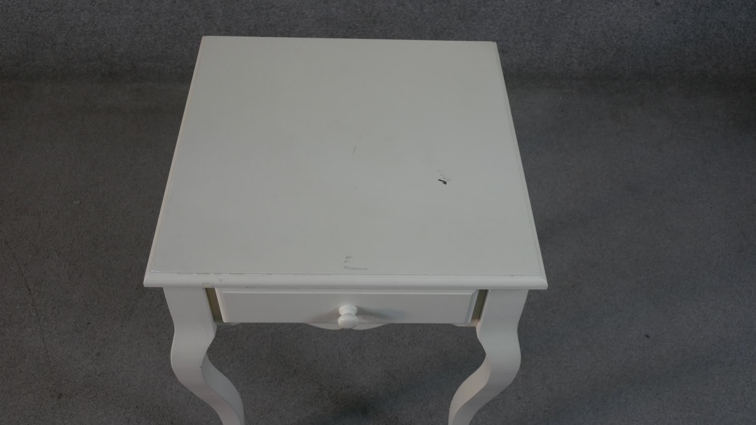 A pair of French style painted bedside tables, with a square top over a single drawer on cabriole - Image 7 of 9